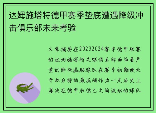 达姆施塔特德甲赛季垫底遭遇降级冲击俱乐部未来考验